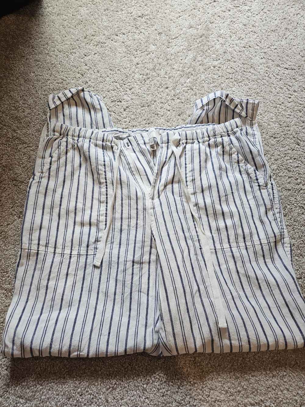 Joie Striped Drawstring Linen-Blend Pants - White & Navy - Picture 2 of 7